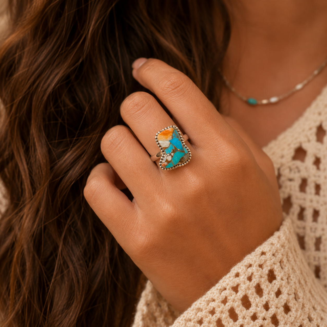 Sterling Silver Orange & Turquoise Boot Ring Size 9/10