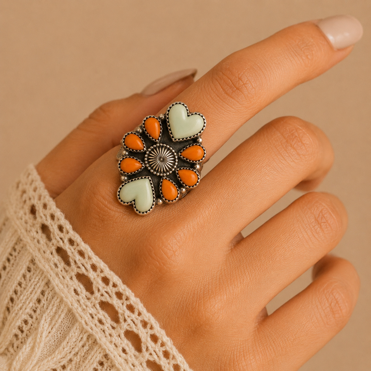 Paloma Sunset Spiny Oyster & Turquoise Heart Ring - Sterling Silver | Size 8