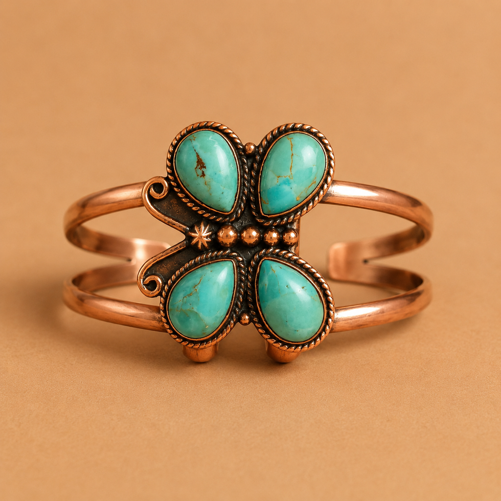 Copper Cuff Butterfly Bracelet with Genuine Mojave Turquoise Flower