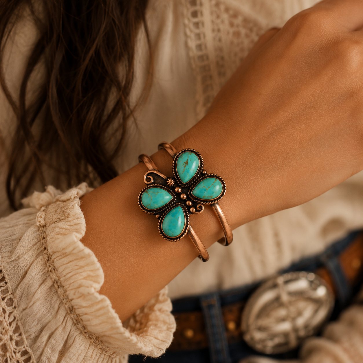 Copper Cuff Butterfly Bracelet with Genuine Mojave Turquoise Flower