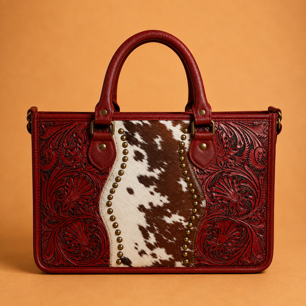 Crimson Cowhide Tooled Leather Tote