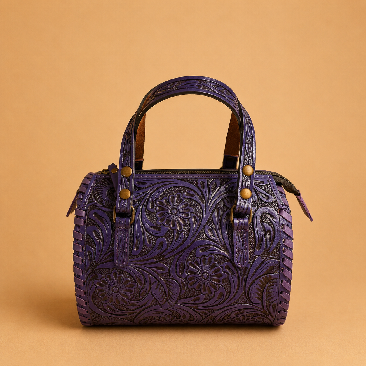 Mini Midnight Plum Tooled Leather Satchel