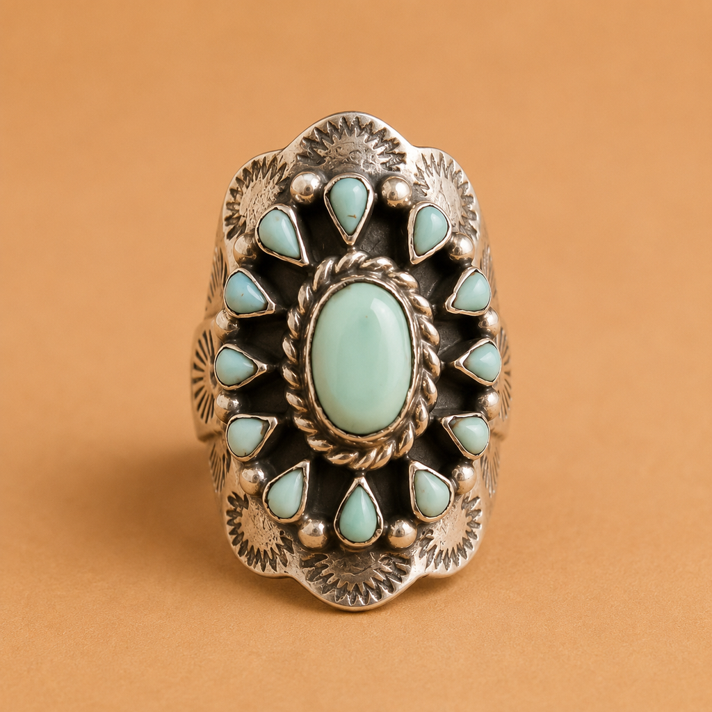 Sleeping Beauty Turquoise Statement Ring | Native Made | Sterling Silver Ring Size 8/9