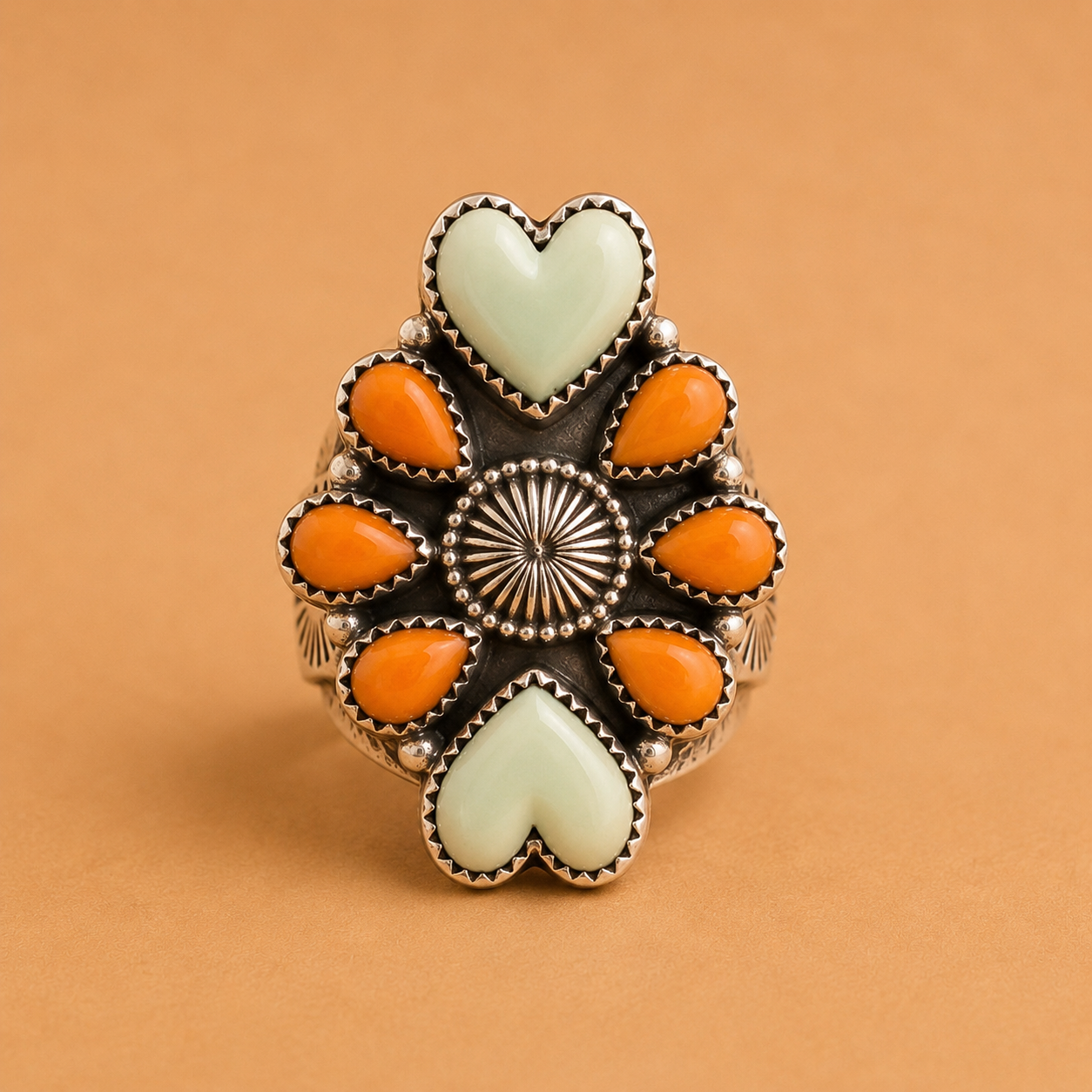 Paloma Sunset Spiny Oyster & Turquoise Heart Ring - Sterling Silver | Size 8