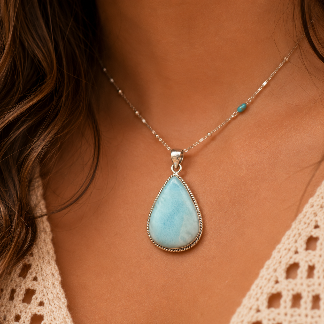 Caribbean Blue Larimar Sterling Silver Teardrop Pendant