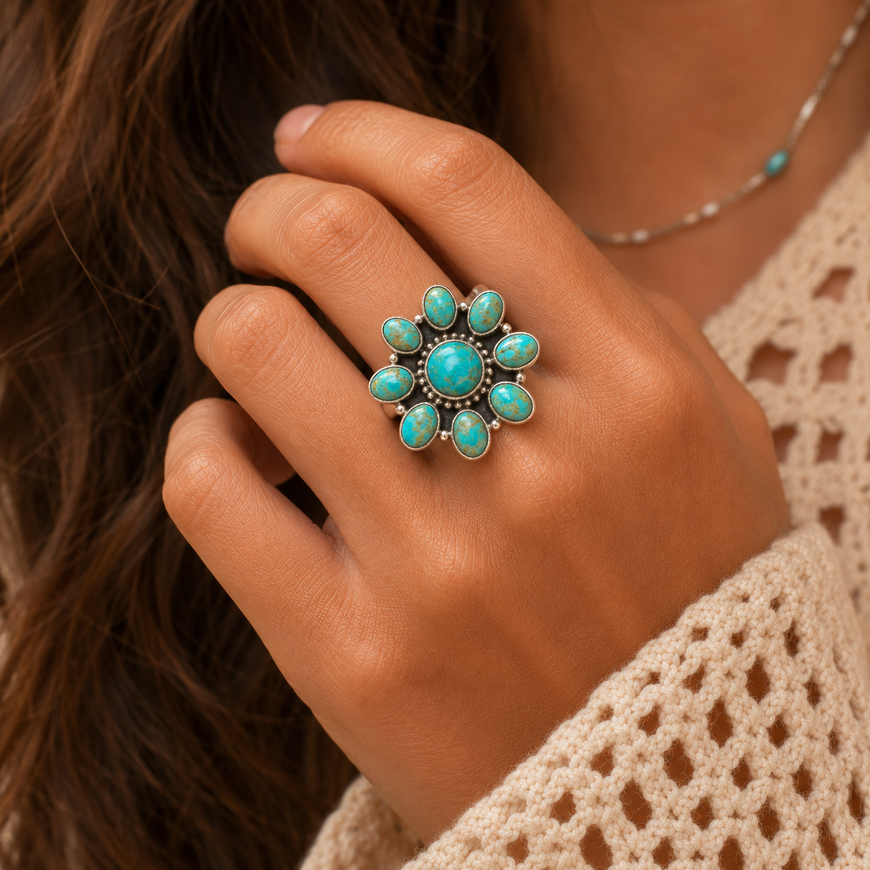 Sterling Silver Mojave Turquoise Cluster Ring - Size 9/10