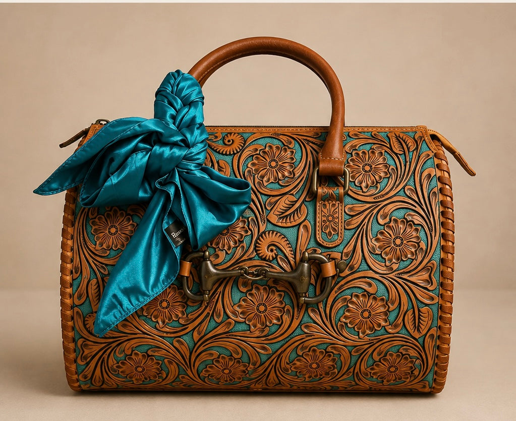 Turquoise Tooled Floral Satchel