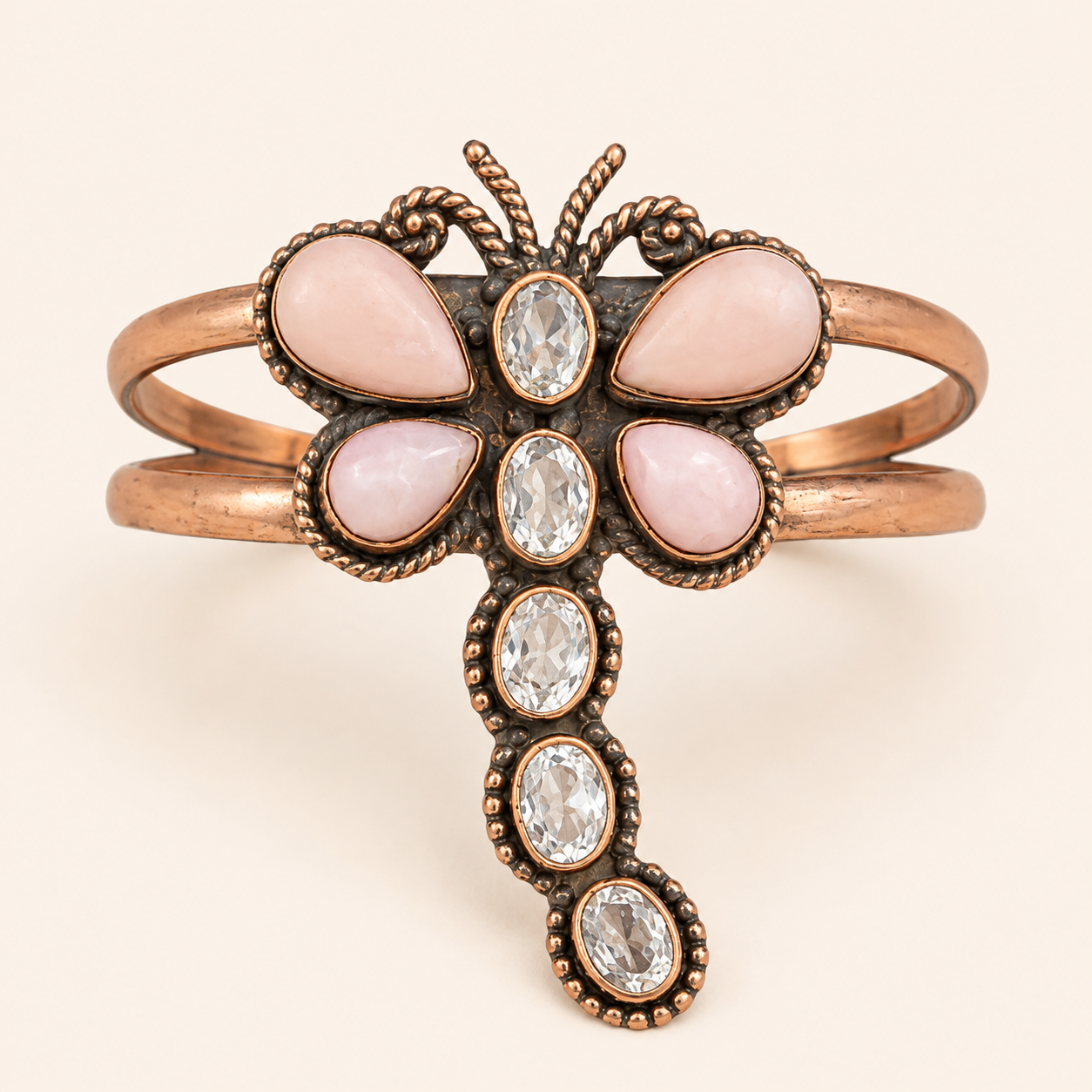 Blushing Prairie Dragonfly Copper Cuff – Pink Conch & Cubic Zirconia