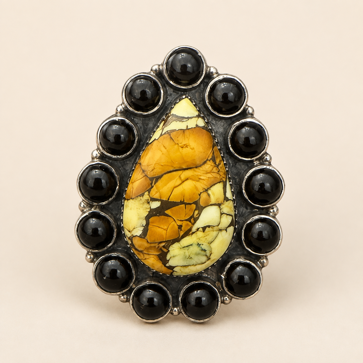 Golden Midnight Bumblebee Jasper & Black Onyx Halo Statement Ring