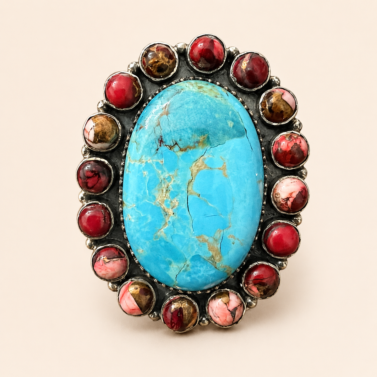 Kingman Turquoise & Rose Dahlia Halo Statement Ring