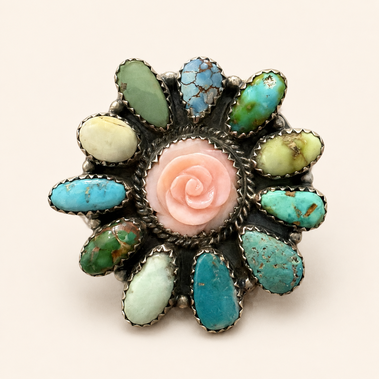 Prairie Rose Pink Conch & Mixed Turquoise Sterling Silver Ring