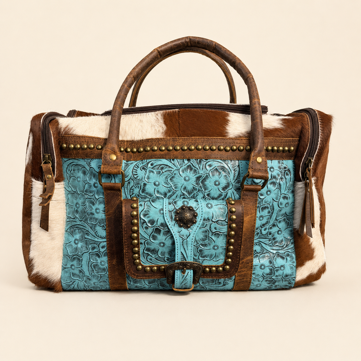 Turquoise Trail Tooled Leather & Cowhide Weekender Bag