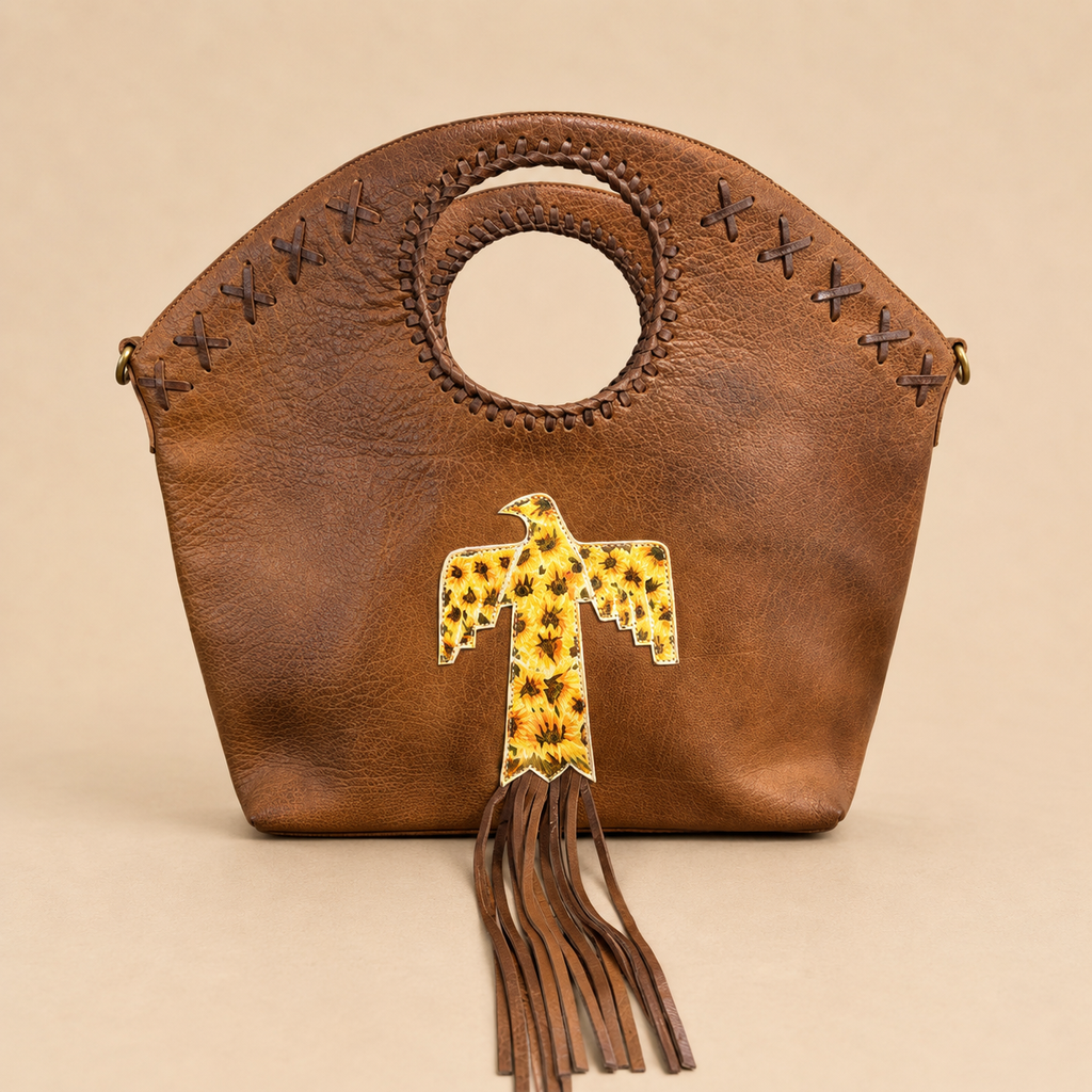 Prairie Sun Thunderbird Fringe Leather Tote