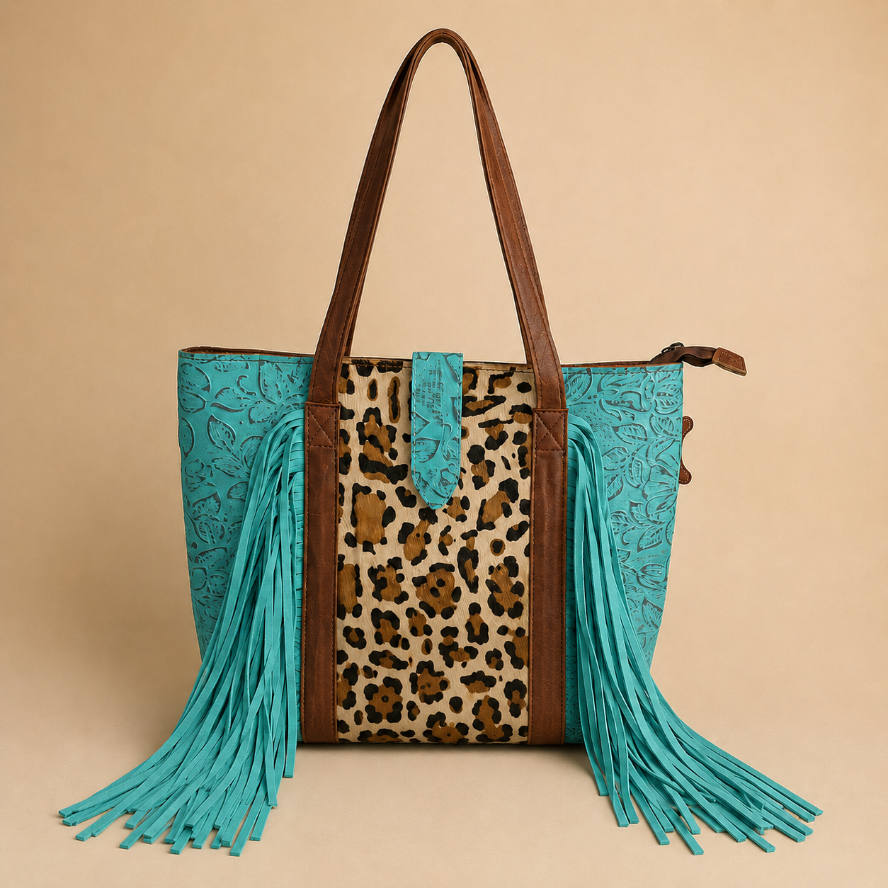Prairie Wildcat Turquoise Fringe Leather Tote