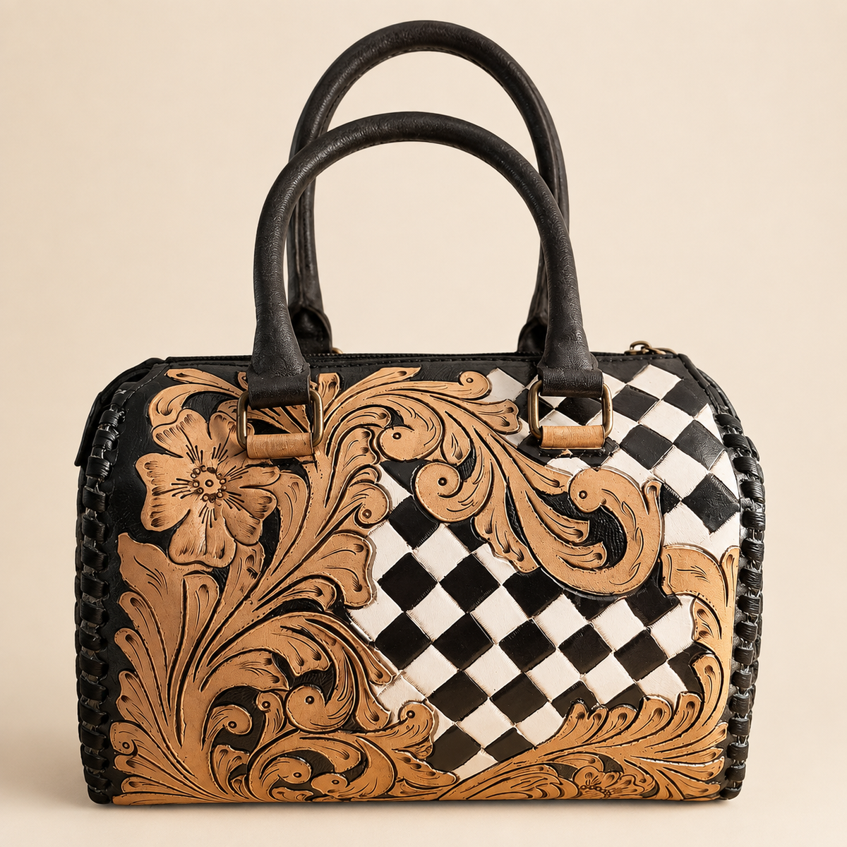 Prairie Checkmate Hand-Tooled Leather Crossbody Satchel