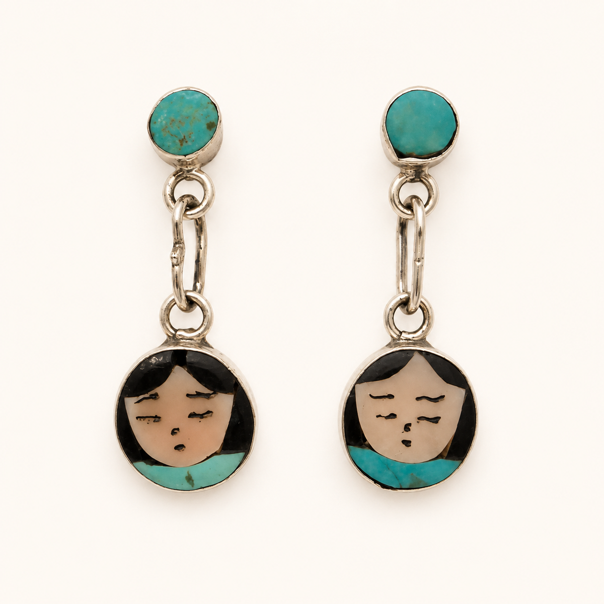 Zuni Maiden Turquoise Inlay Sterling Silver Drop Earrings