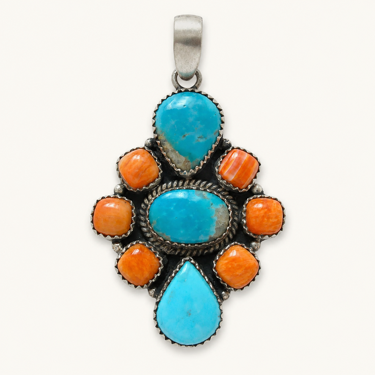Desert Sunrise Kingman Turquoise & Orange Spiny Oyster Sterling Silver Pendant