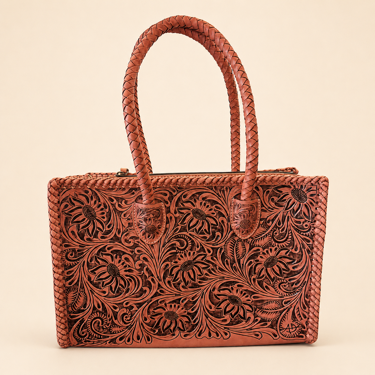 Coral Prairie Bloom Hand-Tooled Leather Tote