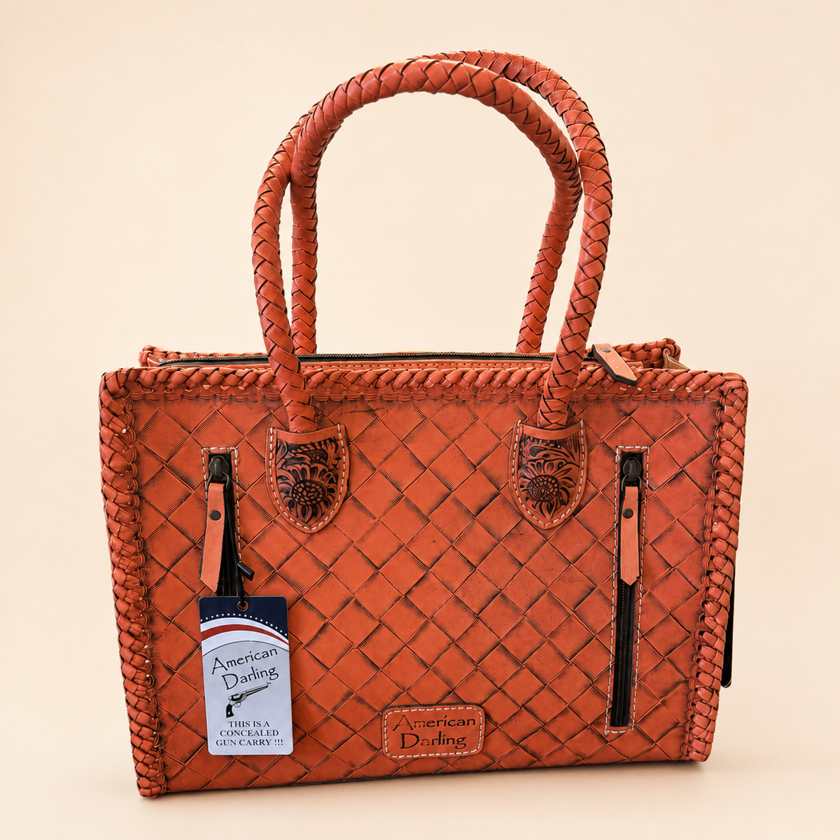 Coral Prairie Bloom Hand-Tooled Leather Tote