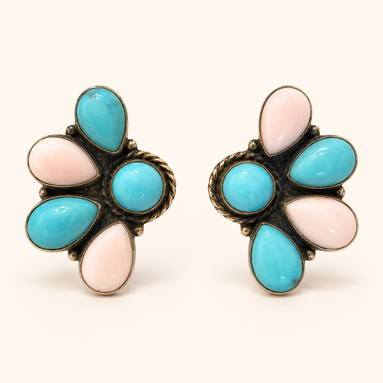 Prairie Blossom Turquoise & Pink Conch Cluster Earrings
