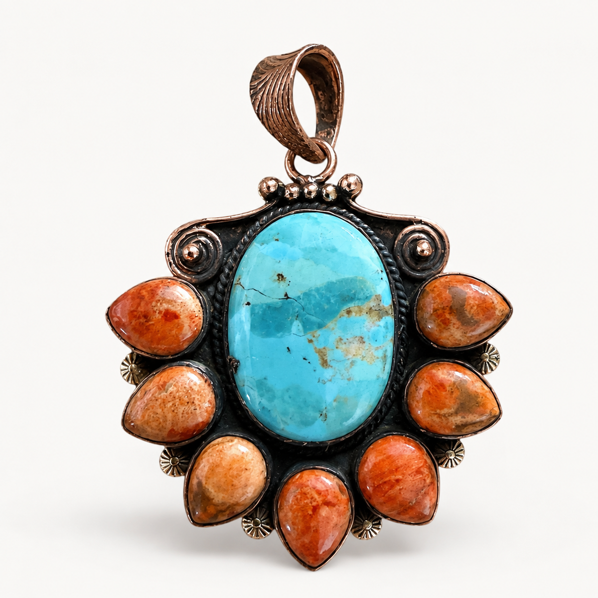 Prairie Fire Kingman Turquoise & Orange Spiny Oyster Copper Pendant