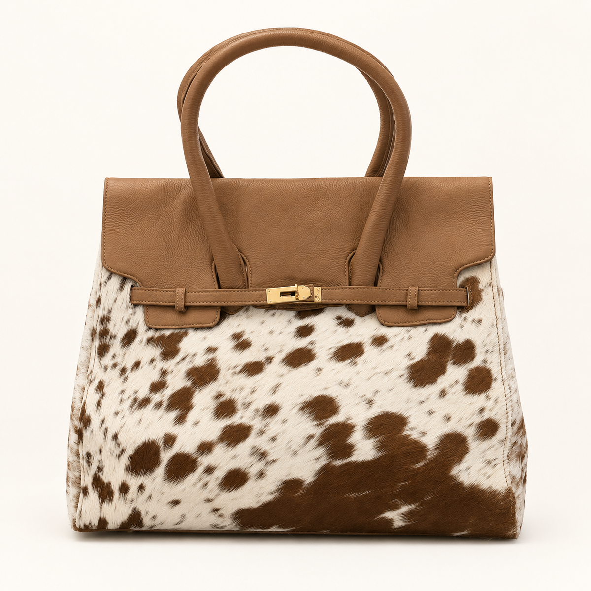 The Saddlewood Country Birkin Dupe – Tan Leather & Brown Cowhide Handbag