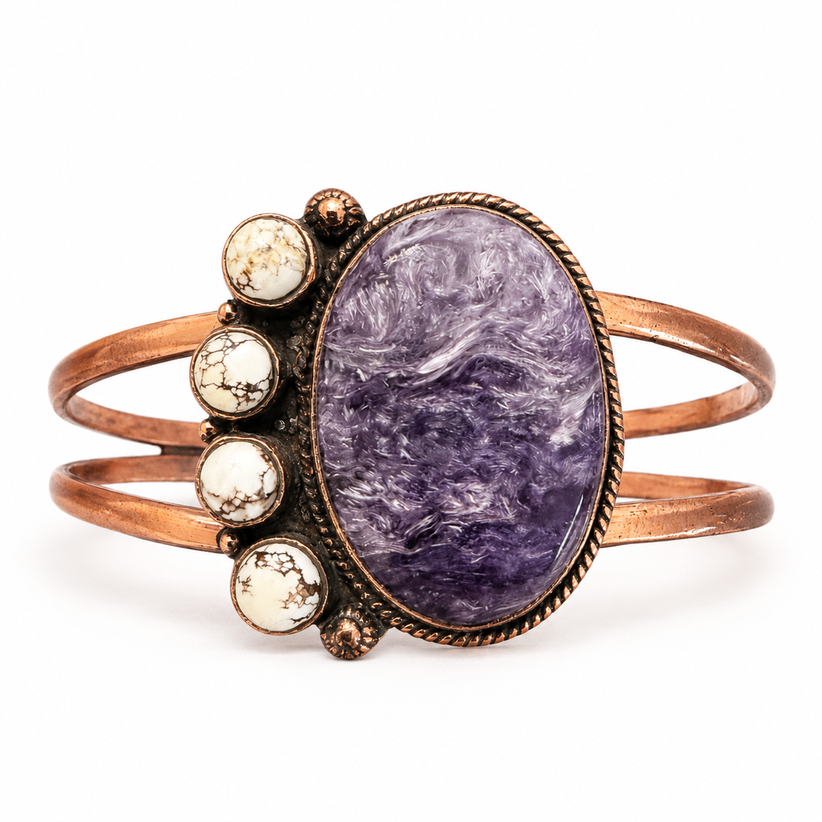 The Lavender Prairie Charoite & White Horse Turquoise Copper Cuff