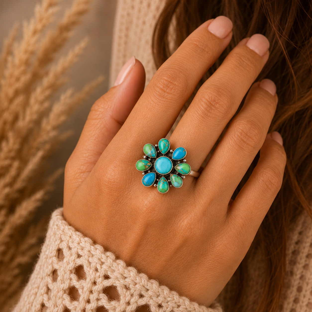 Sterling Silver Peacock Turquoise Statement Ring - Size 5