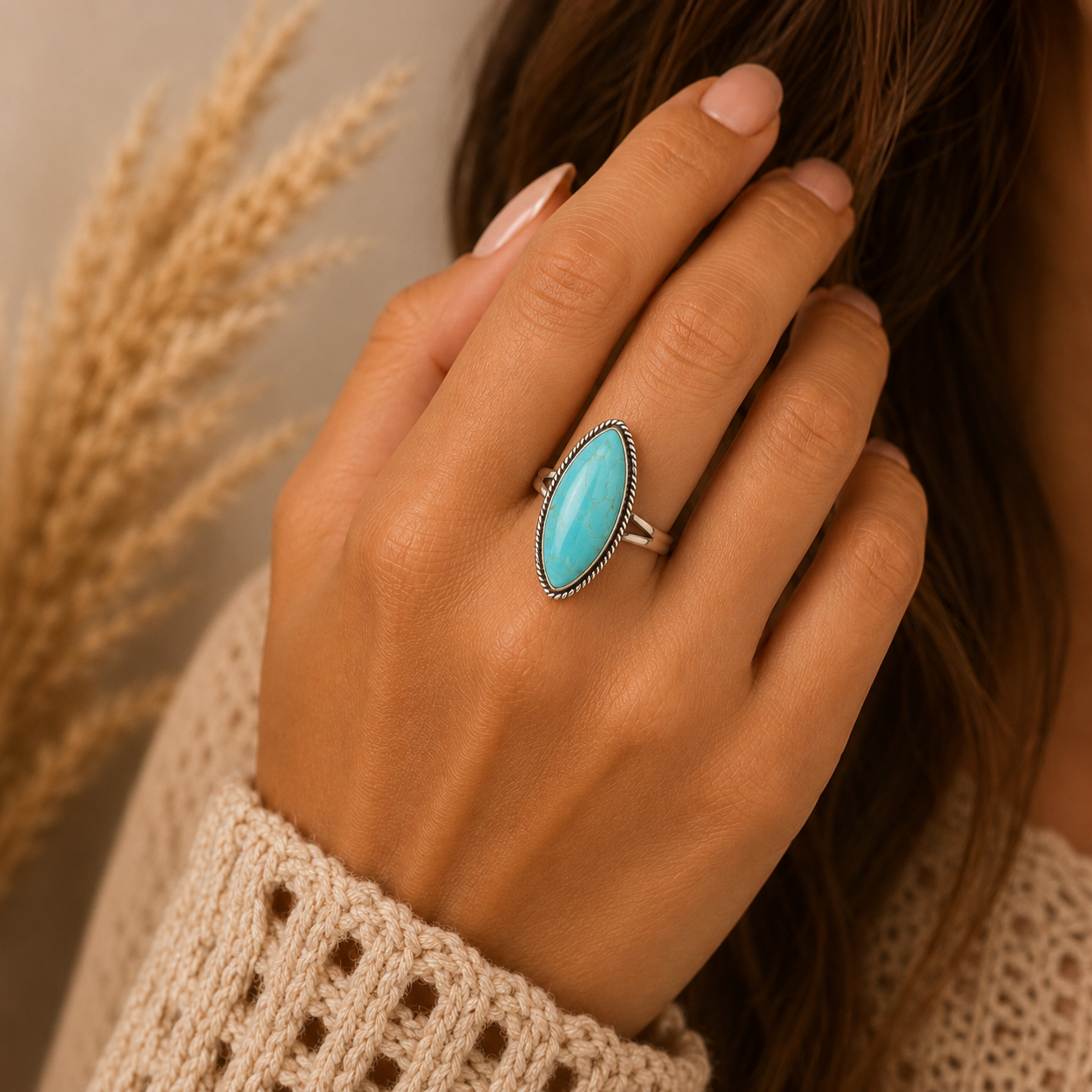 Sterling Silver Mojave Turquoise Marquise Statement Ring - Size 10/11