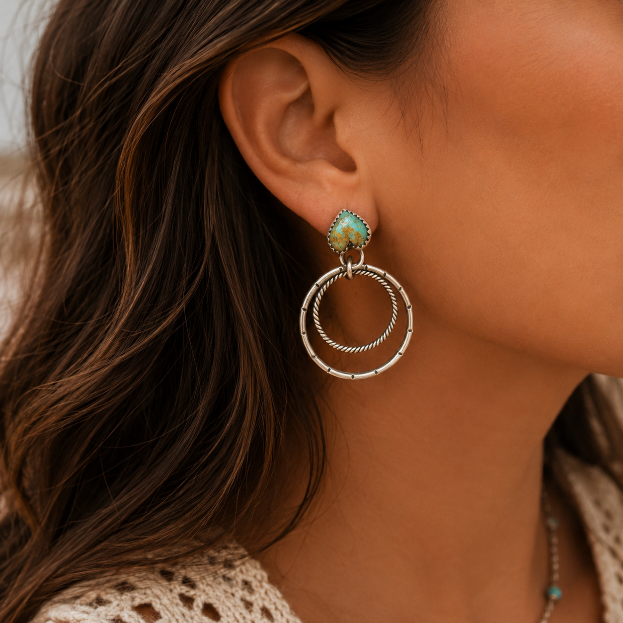 Sterling Silver Turquoise Double Hoop Dangle Earrings