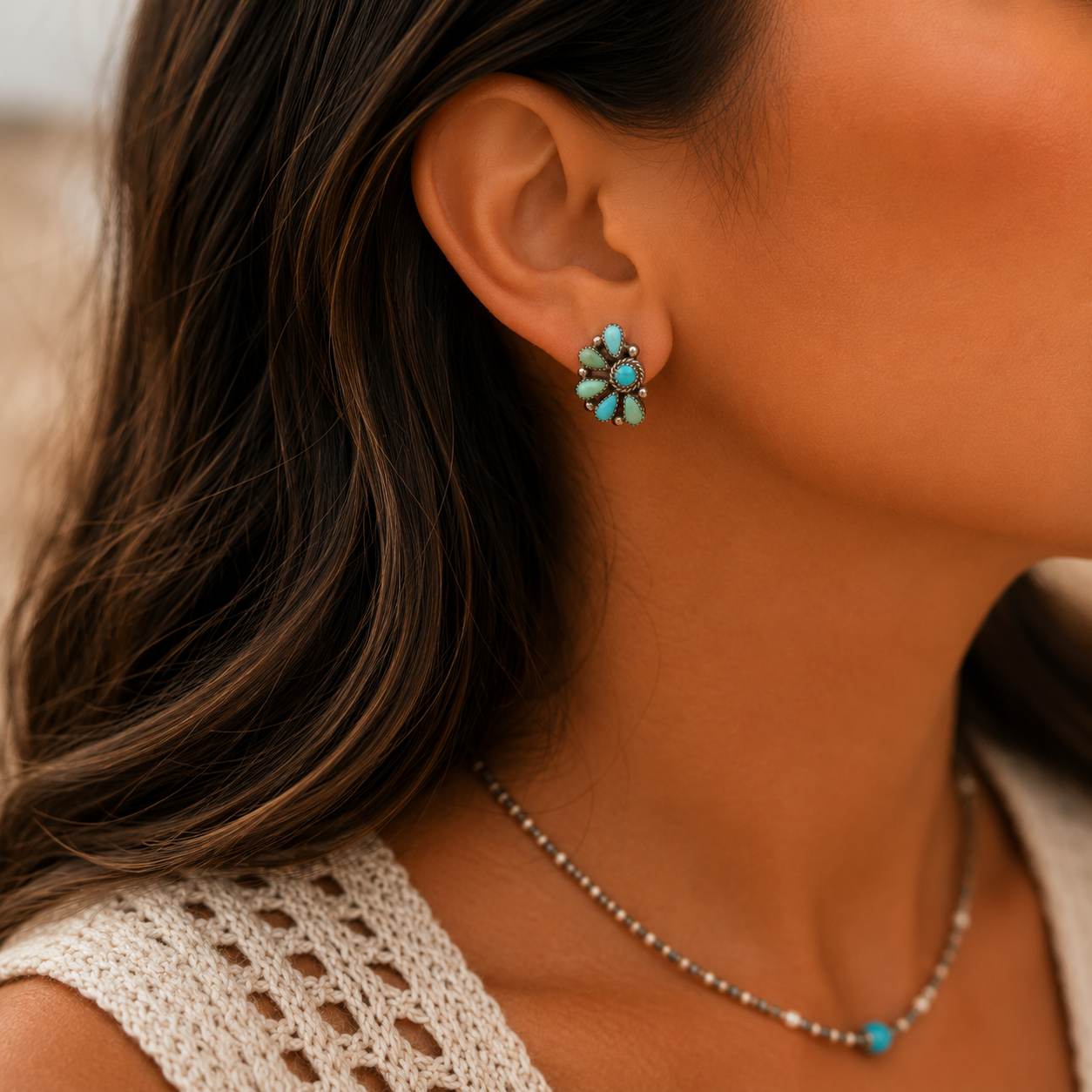 Sterling Silver Turquoise Cluster Stud Earrings
