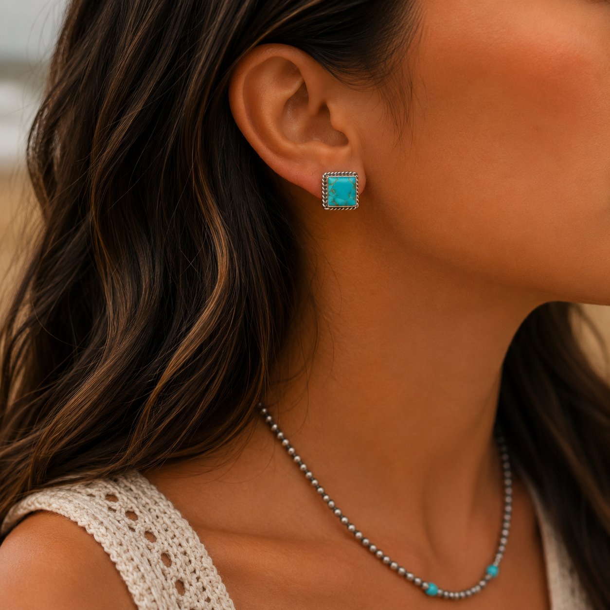Navajo Handmade Kingman Turquoise Sterling Silver Stud Earrings
