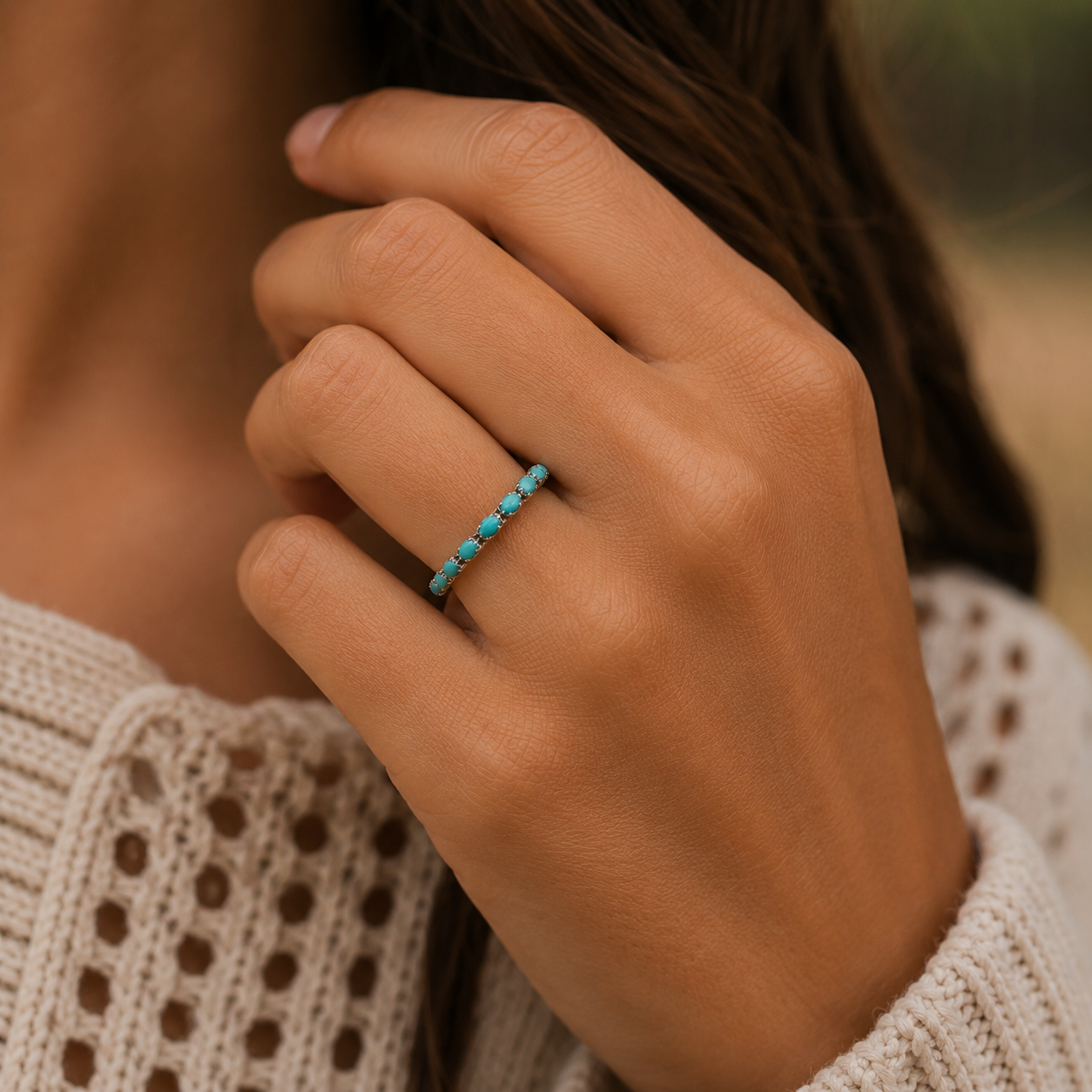 Sterling Silver Turquoise Eternity Band Ring - Size 9