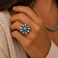 White Buffalo & Sleeping Beauty Turquoise Sterling Silver Statement Ring - Size 8