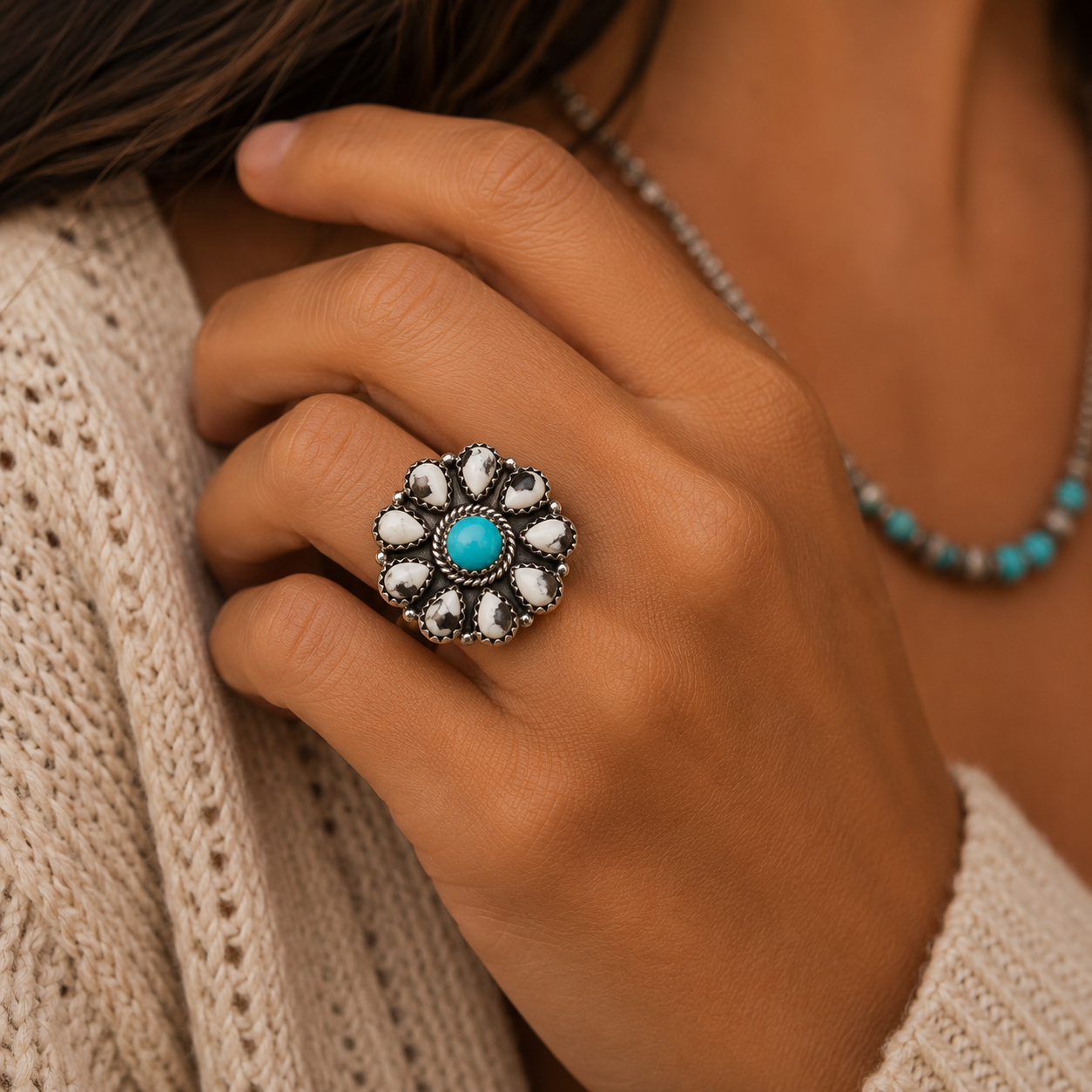 White Buffalo & Sleeping Beauty Turquoise Sterling Silver Statement Ring - Size 8