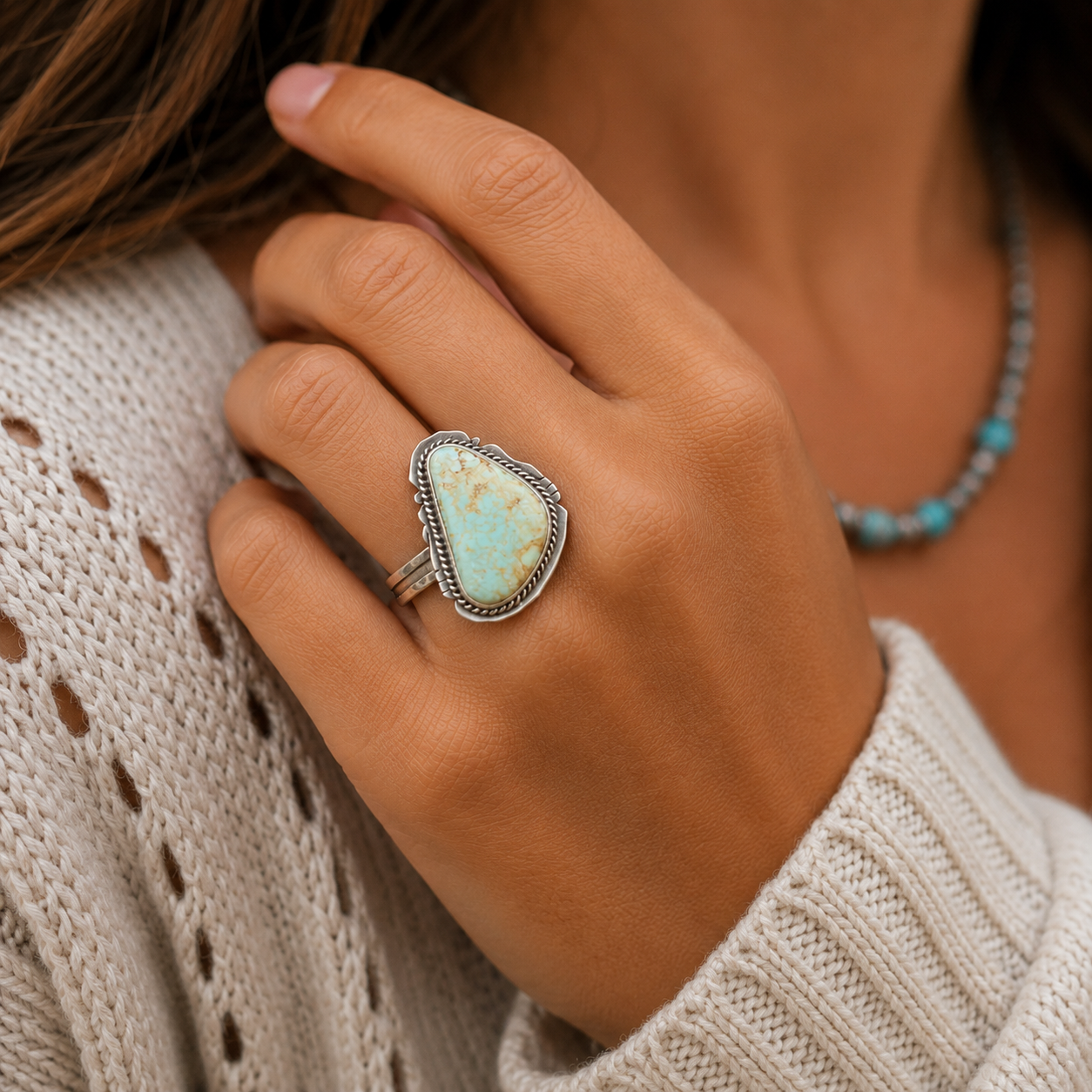 Native Made Dry Creek Turquoise Sterling Silver Statement Ring - Size 8.5