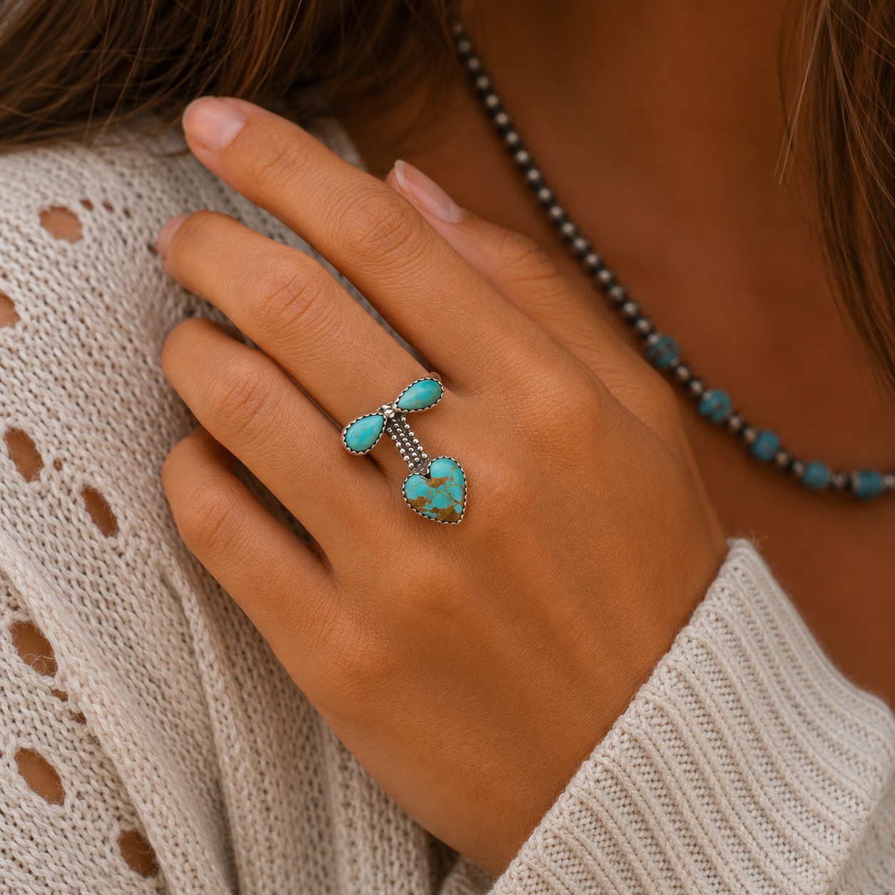 Native Made Heart Turquoise Sterling Silver Statement Ring Size 7–7.5