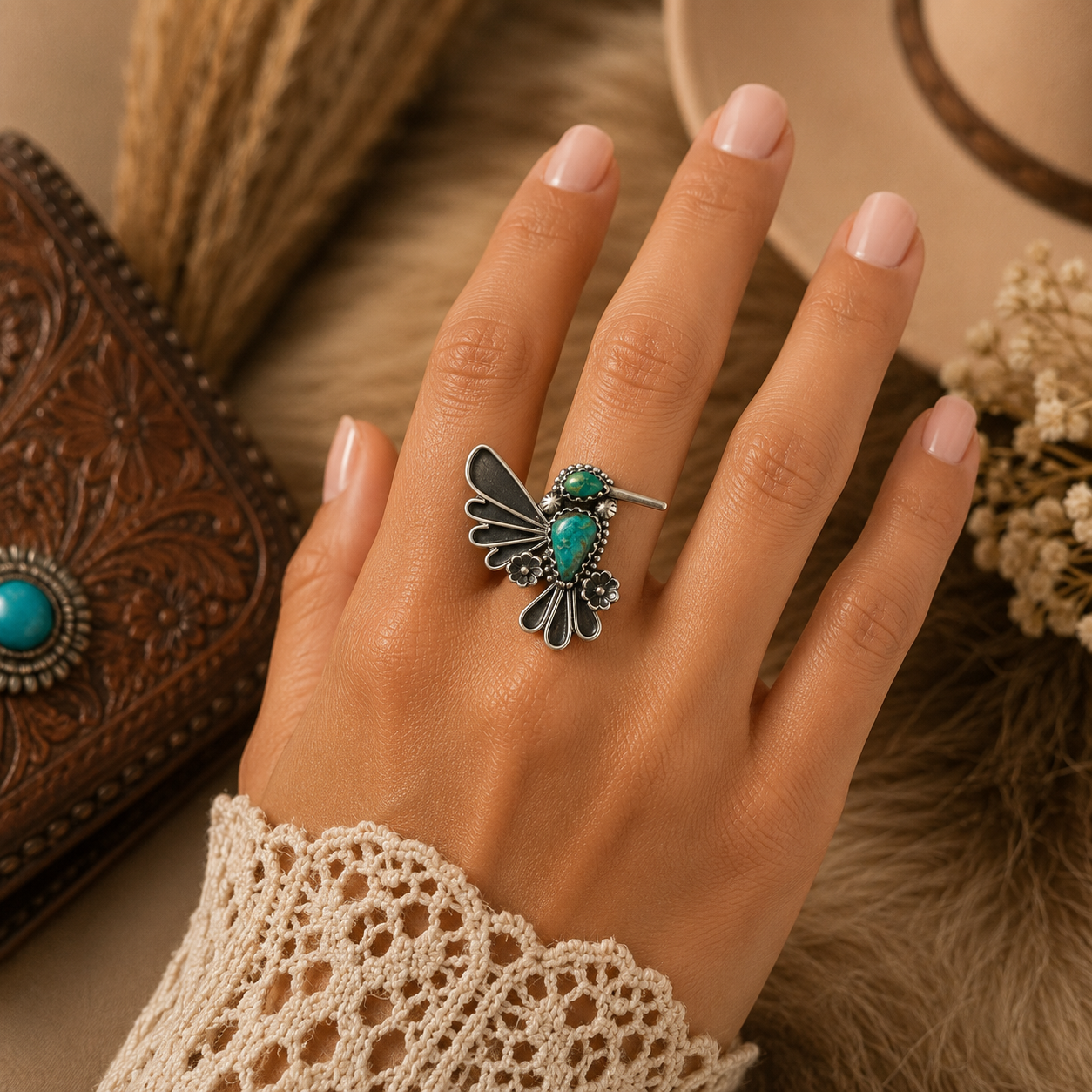 Sterling Silver Turquoise Hummingbird Statement Ring Size 8