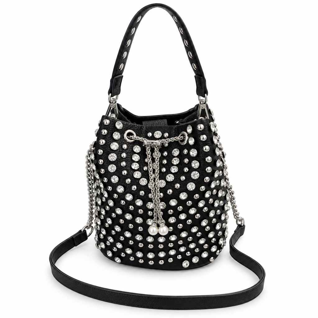 The Midnight Sparkle Studded Bucket Bag