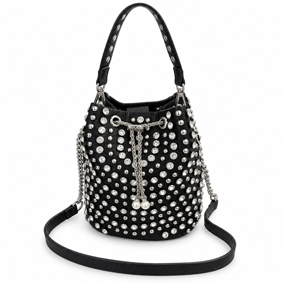 The Midnight Sparkle Studded Bucket Bag