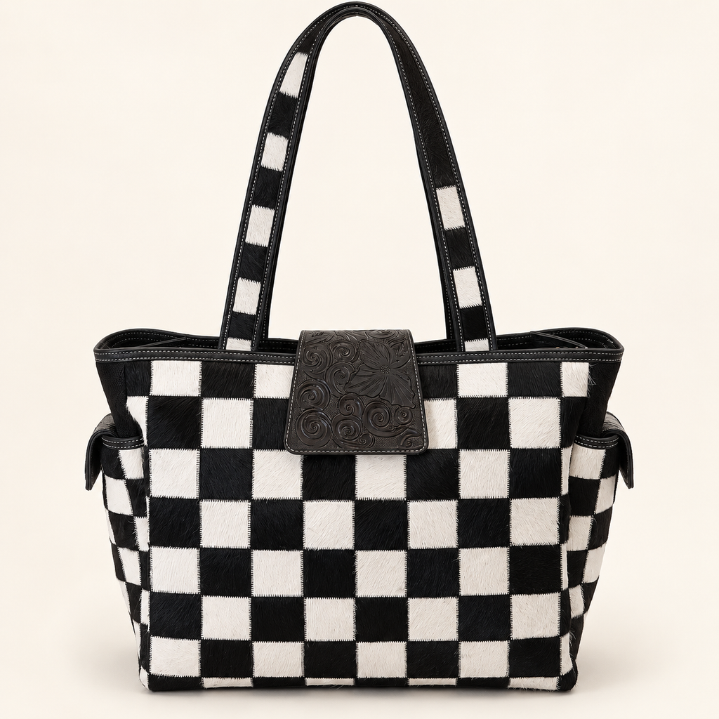 The Checkered Prairie Cowhide Carryall Tote