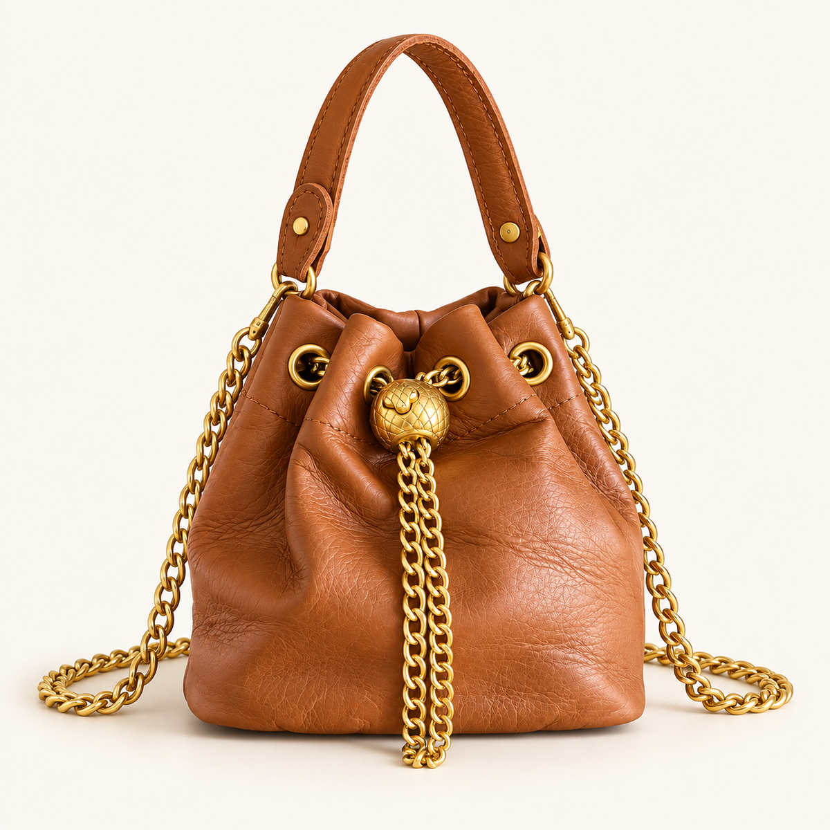 Cognac Royale Mini Leather Bucket Bag