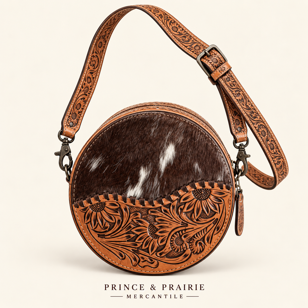 The Prairie Bloom Cowhide & Tooled Leather Canteen Crossbody