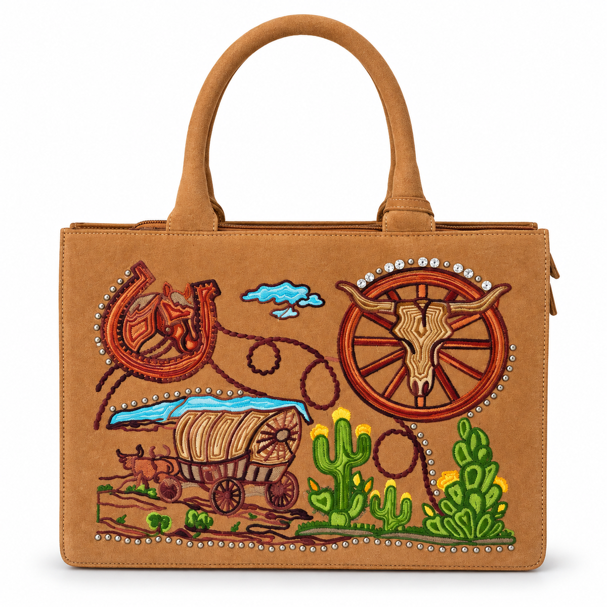 Western Trails Suede Leather Embroidered Tote — Camel