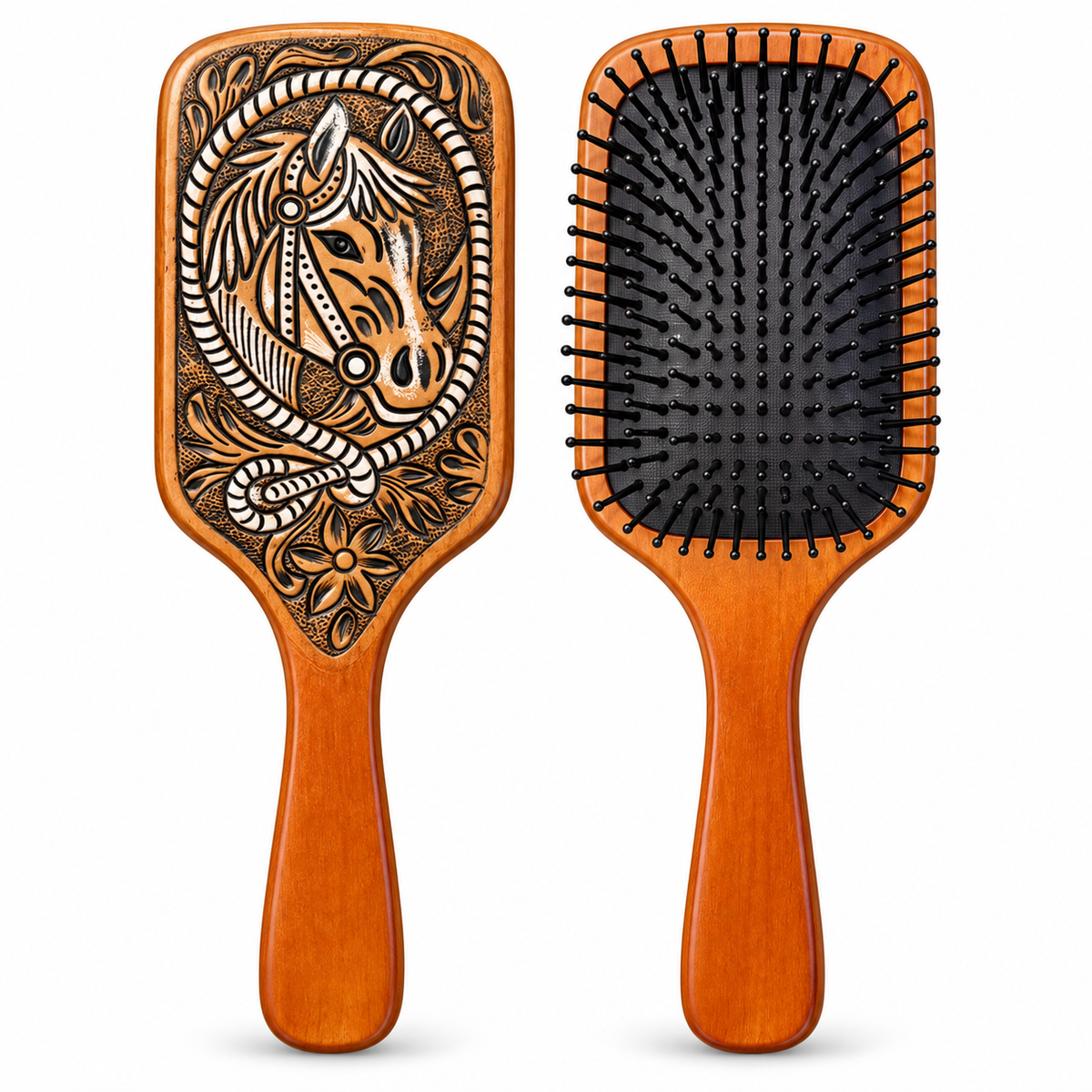 Ranch Beauty Wooden Hairbrush — Genuine Leather Horse Design