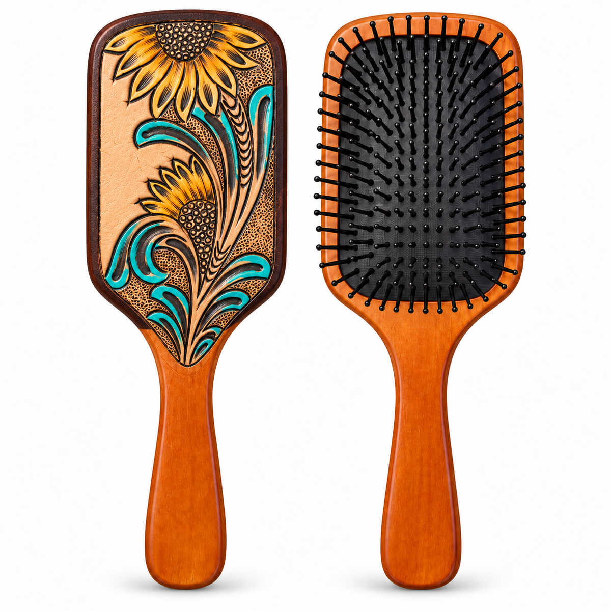 Sunflower & Turquoise Tooled Leather Wooden Hairbrush
